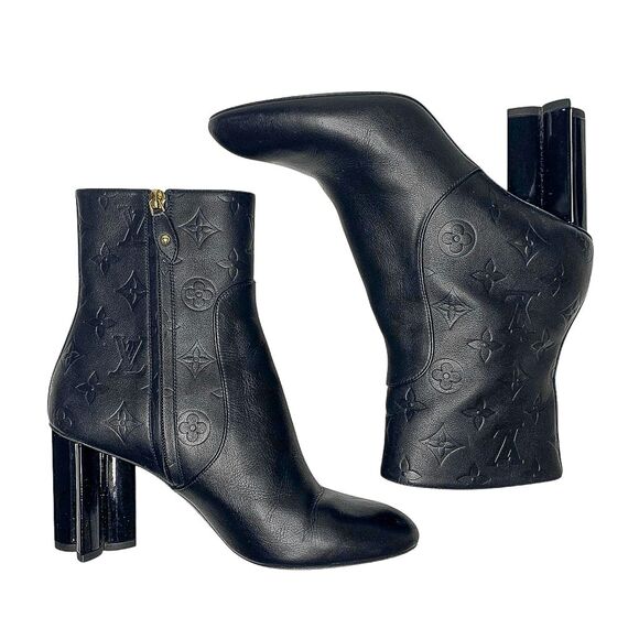Louis Vuitton Silhouette Black Leather Monogram Flower Heel Ankle Boots Size 38 - Picture 4 of 13